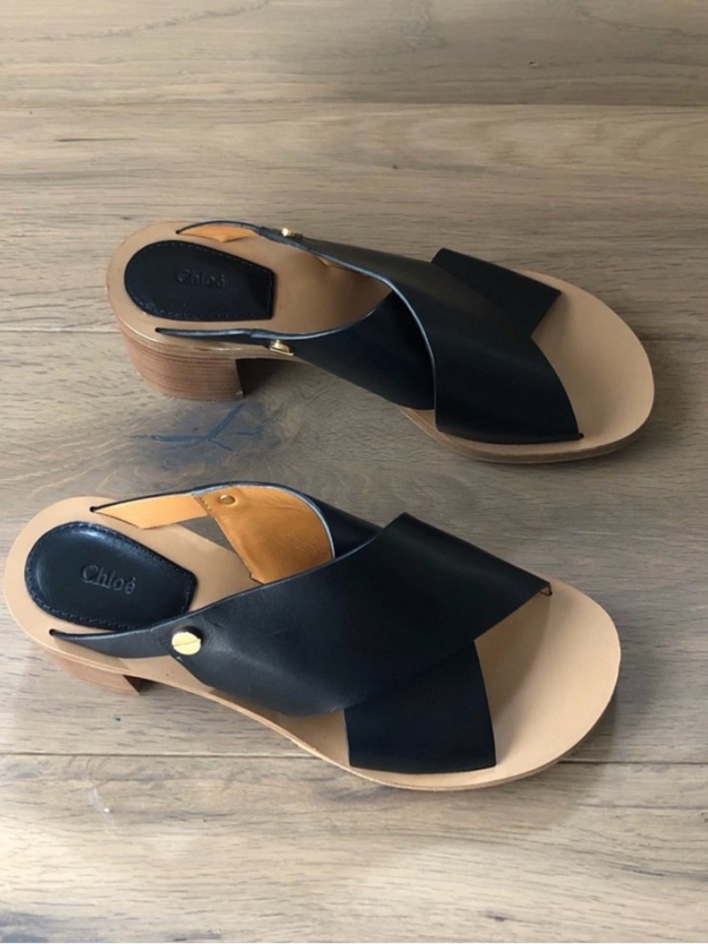 Chloé Black Leather Crossband Block Heel Sandals